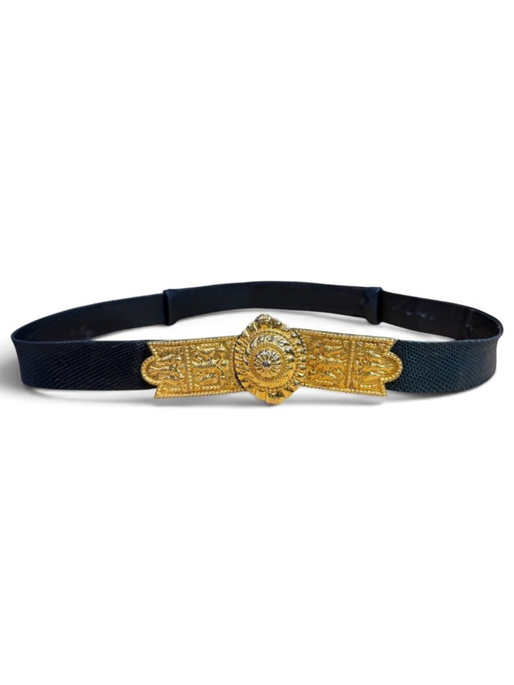 Judith Leiber Venetian Style Belt Black Snakeskin Gold Tone Metal Double Buckle